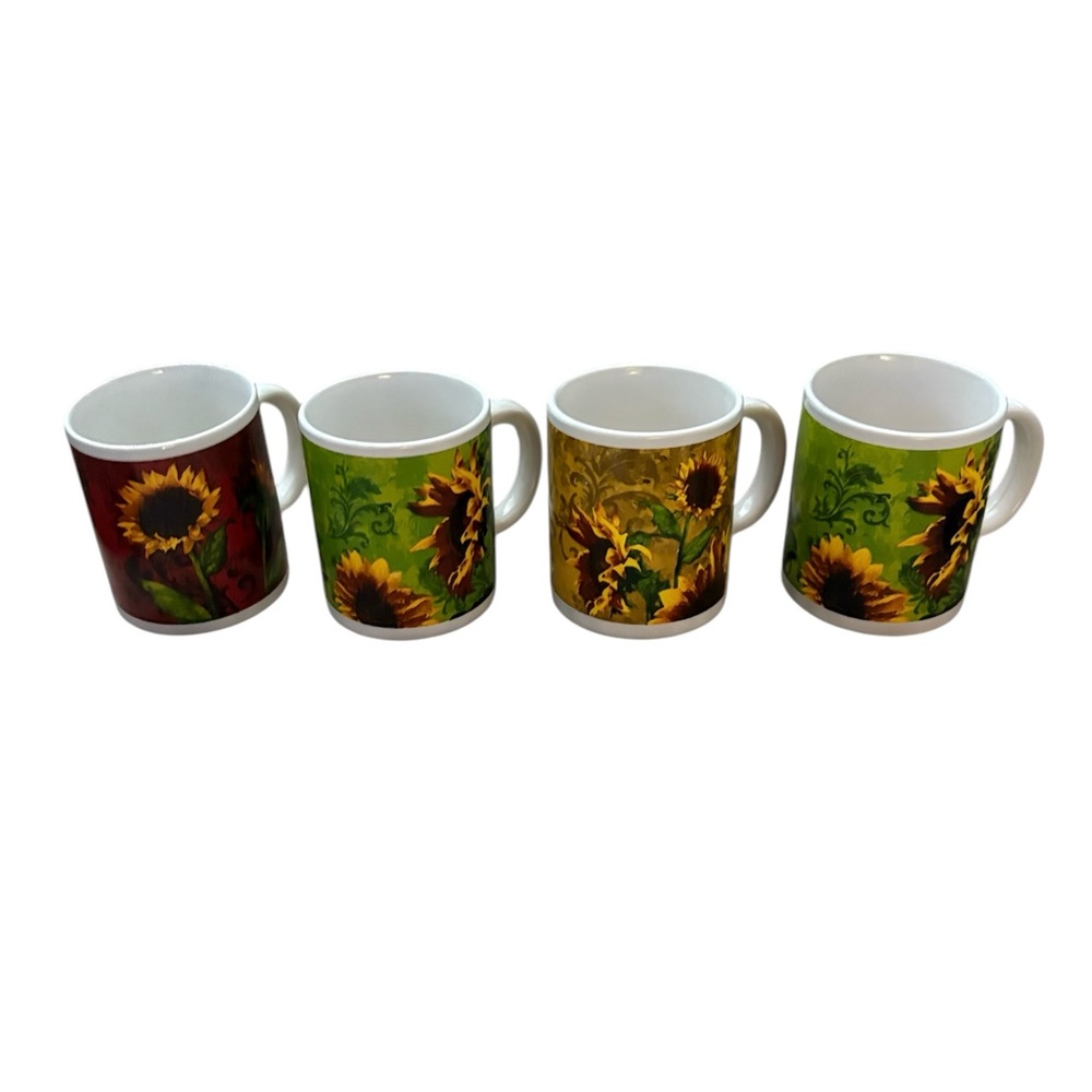 Cracker Barrel Mugs Sunflowers Family Traditions Set Of 4 Pre-loved 10 Fl Ounces